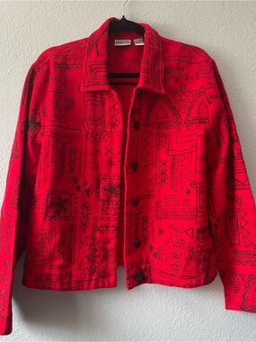 Chico's Vintage Red Embroidered Cotton Jacket Wearable Art Made in India Size 1